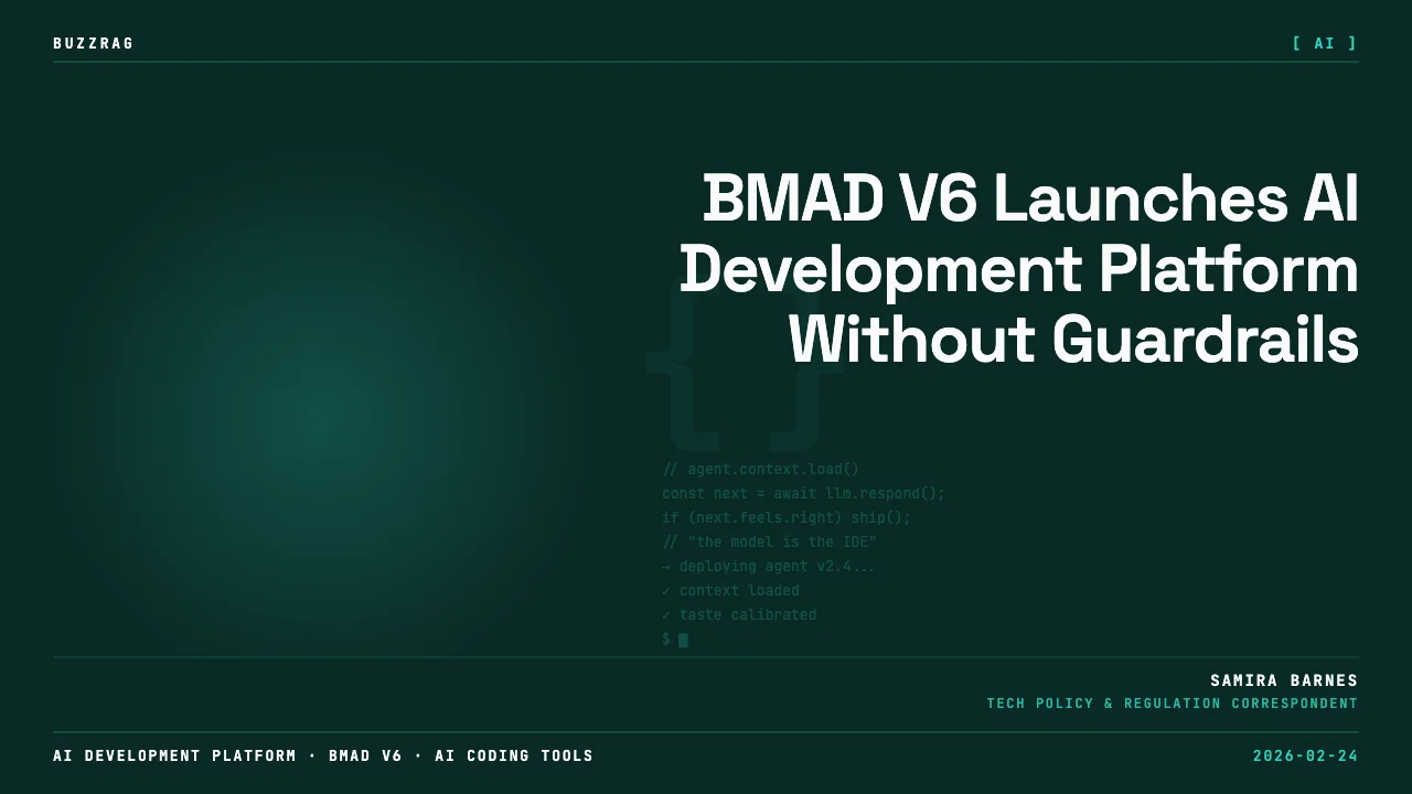 Man wearing /bmad-help cap and glasses points at glowing text interface with "BMad V6" and "/bmad-help" commands displayed…