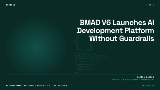 Man wearing /bmad-help cap and glasses points at glowing text interface with "BMad V6" and "/bmad-help" commands displayed…