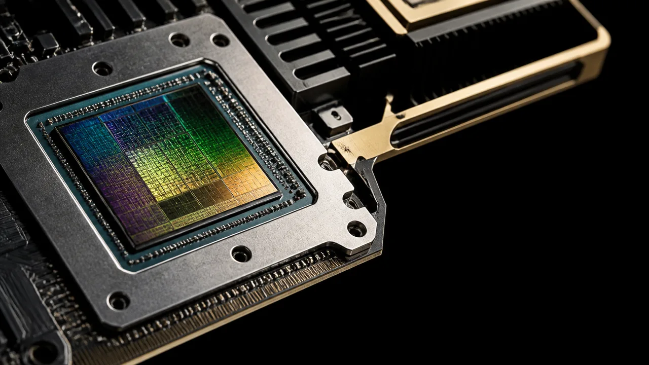 Two men pose beside a circuit board GPU with lightning effects and yellow text reading "BOLT" and "NVIDIA ALTERNATIVE"…
