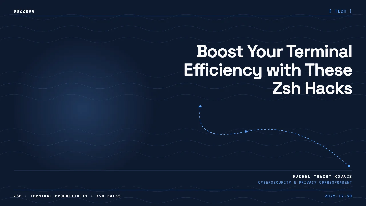 Bold cyan and white text "10 ZSH HACKS" on dark background with arrow and window interface mockup featuring colored dots…