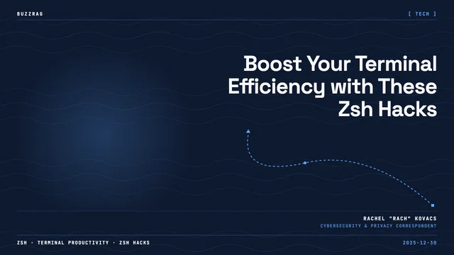 Bold cyan and white text "10 ZSH HACKS" on dark background with arrow and window interface mockup featuring colored dots…