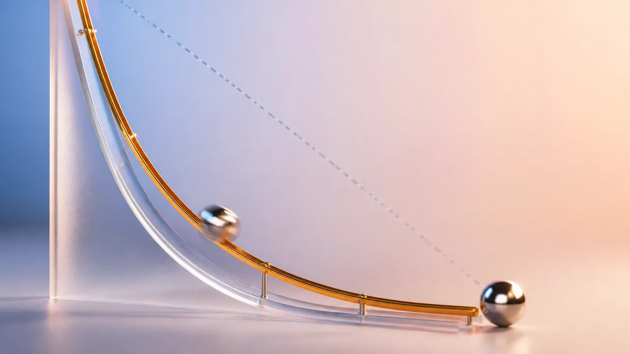 Five colored balls race down curved tracks toward a finish line, illustrating that curved paths can be faster than straight…