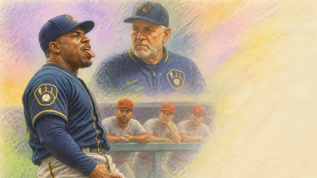 Baseball player in Brewers uniform with text overlay about a disrespectful gesture during a game