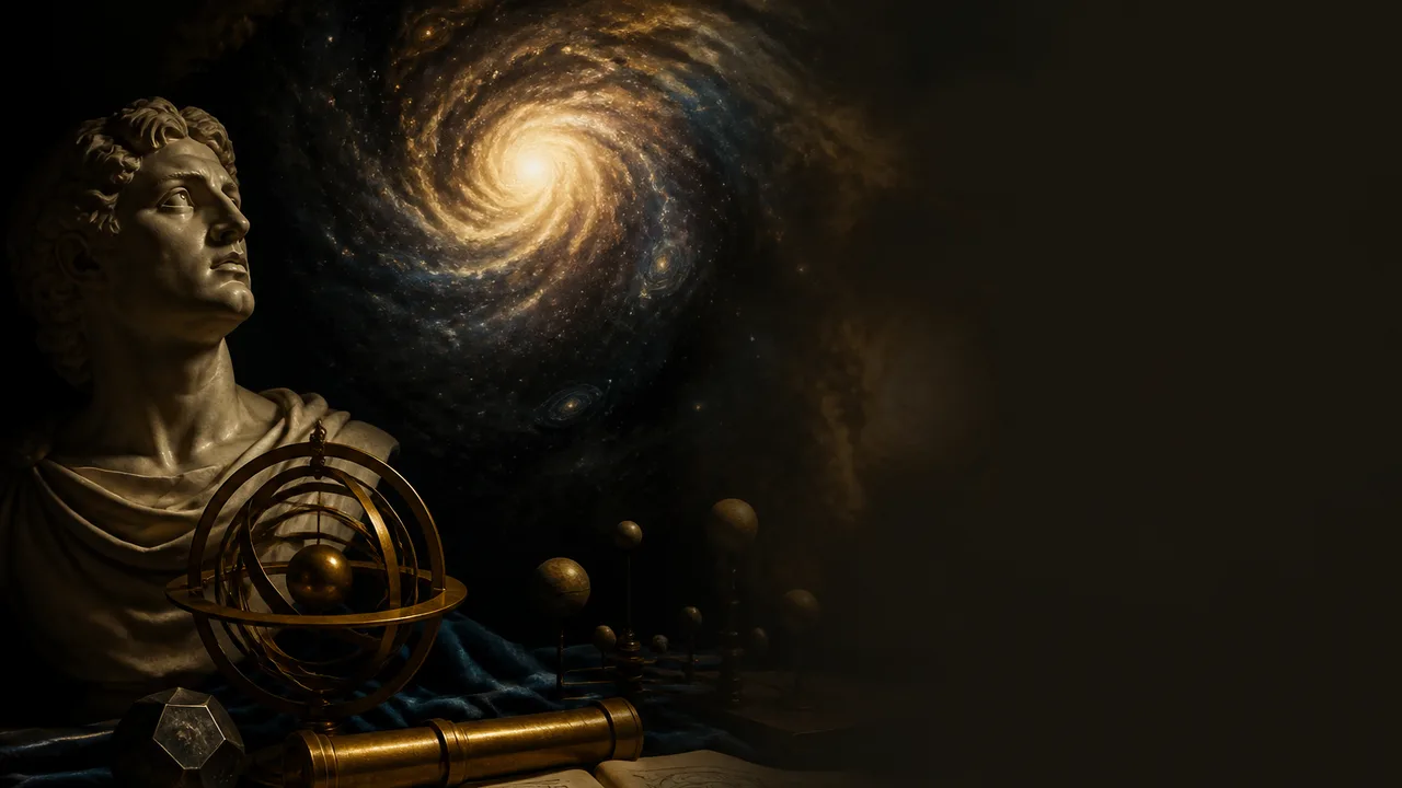 Man in plaid shirt pointing at cosmic imagery with swirling galaxies and digital elements, discussing universe creation