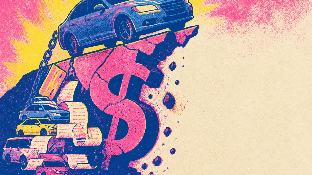 Airport rental car counters with a final bill showing $7,450 in charges and a cancelled reservation notification on a phone…