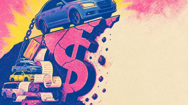 Airport rental car counters with a final bill showing $7,450 in charges and a cancelled reservation notification on a phone…