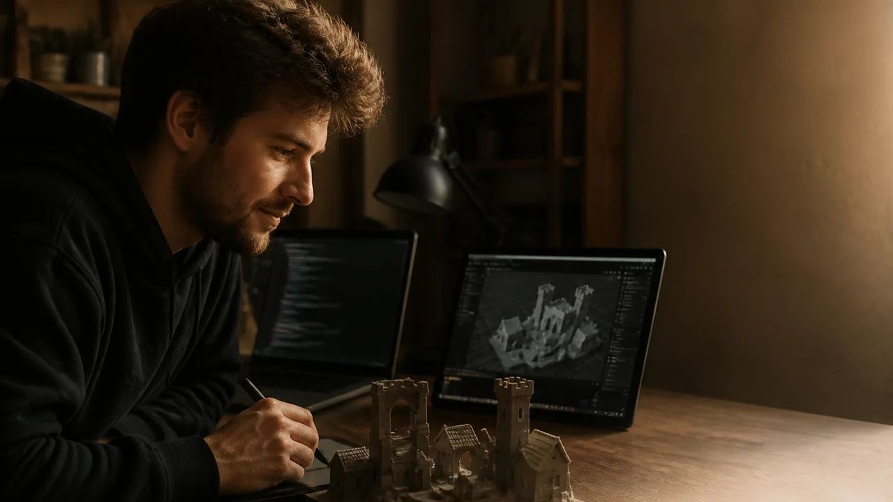 A man in a gaming chair sits at a desk in an office, with "NEW 3D GAME ENGINE SERIES 2026 EDITION" text overlaid in red and…