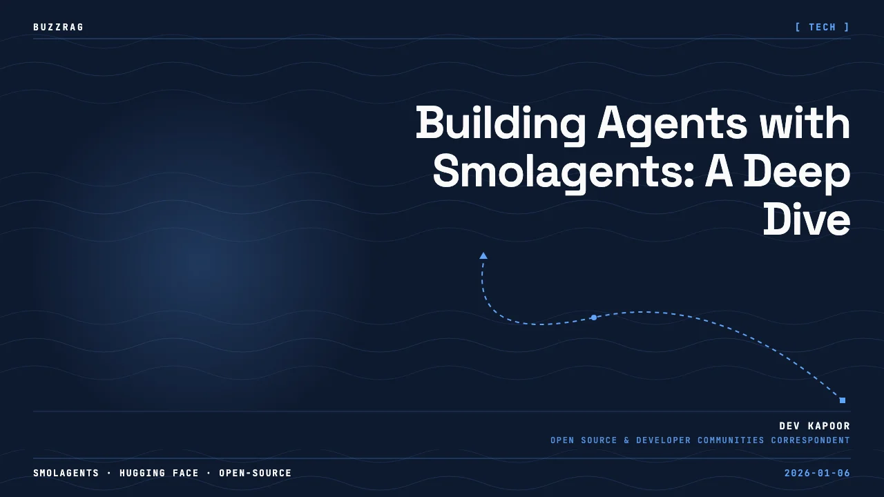 Dark background with "Agents course" text, happy emoji, network diagram showing connected golden spheres, and "smolagents"…