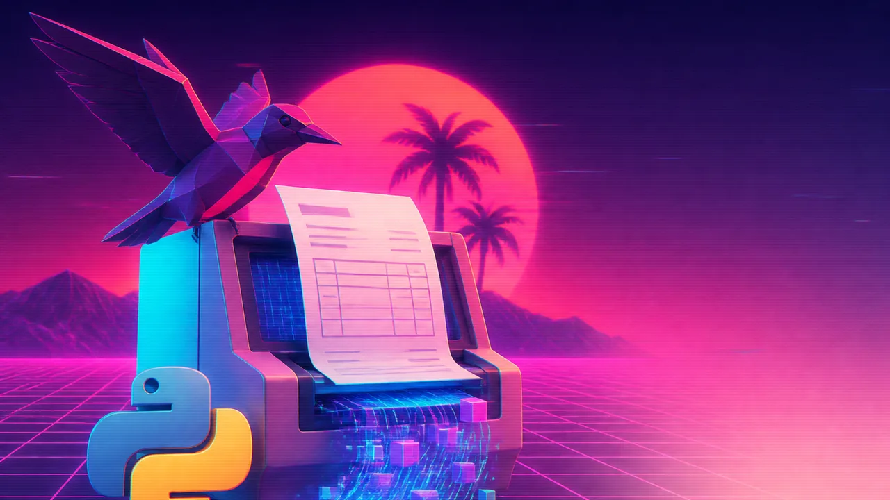 Man in headphones pointing at invoice management software interface displaying itemized products and prices with Python…