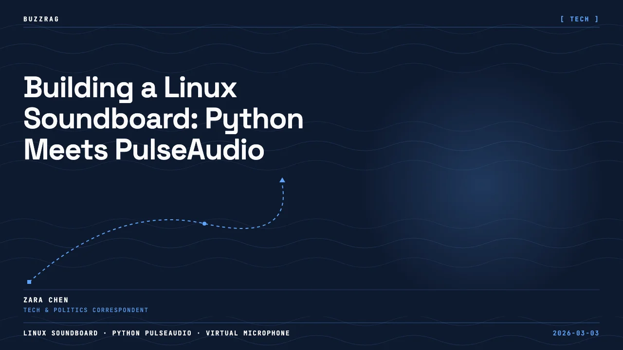 Man with headphones pointing at a colorful synthesizer next to Linux and Python logos on a code-filled background