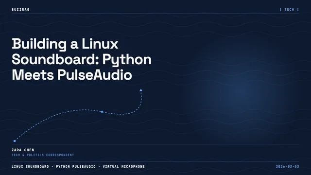 Man with headphones pointing at a colorful synthesizer next to Linux and Python logos on a code-filled background