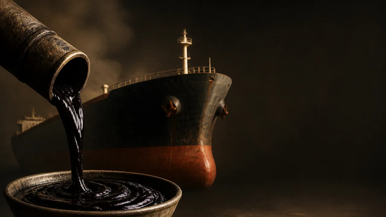 Dark viscous fuel pouring from a pipe beside a massive cargo ship loaded with containers, with engine room inset and yellow…
