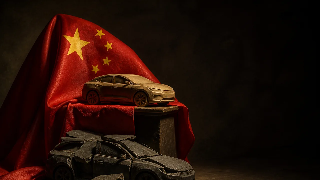 BBC News thumbnail featuring rows of white BYD electric vehicles with a man in a black cap on the right side, illustrating…