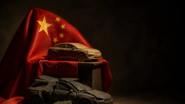 BBC News thumbnail featuring rows of white BYD electric vehicles with a man in a black cap on the right side, illustrating…