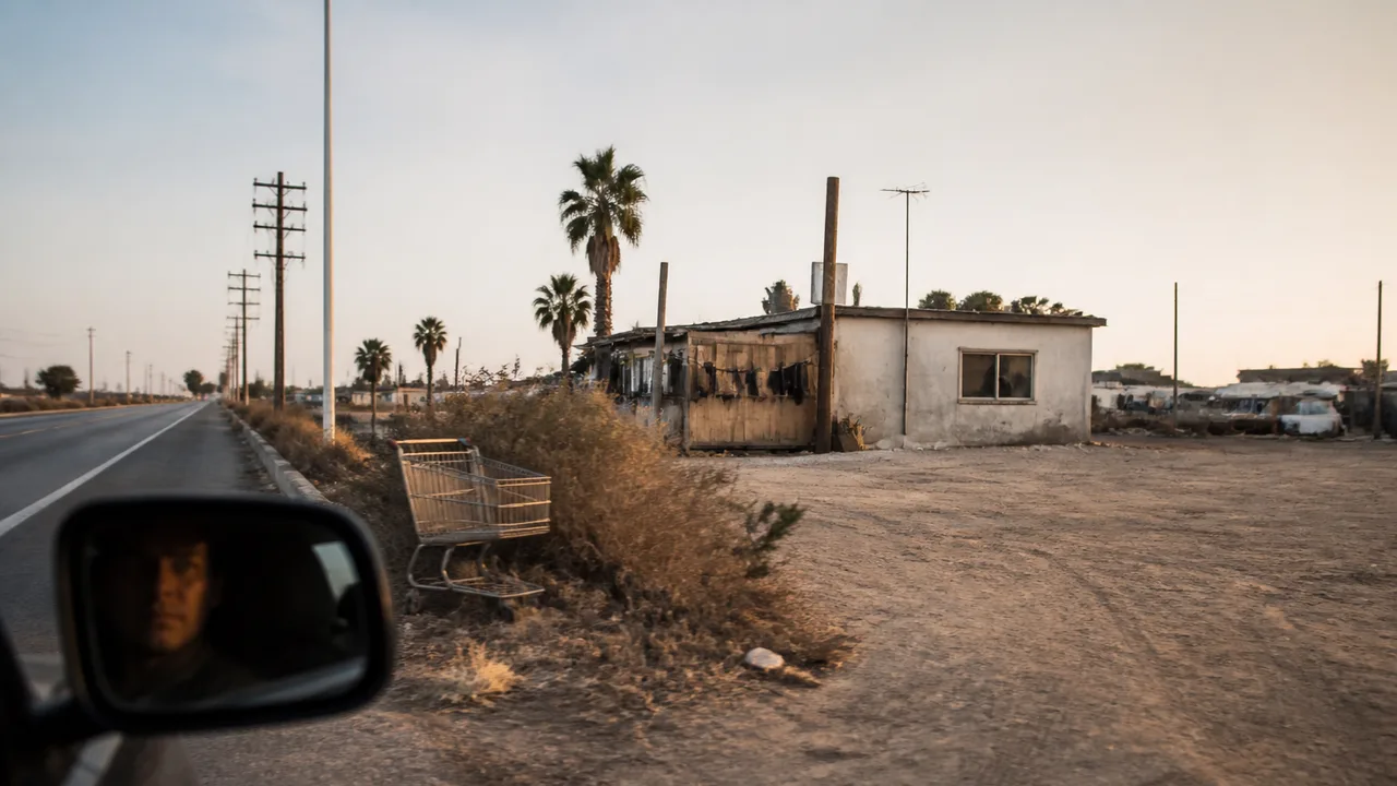 Abandoned desert highway at dusk with vintage gas station and "DON'T STOP" warning text overlaid on a desolate California…