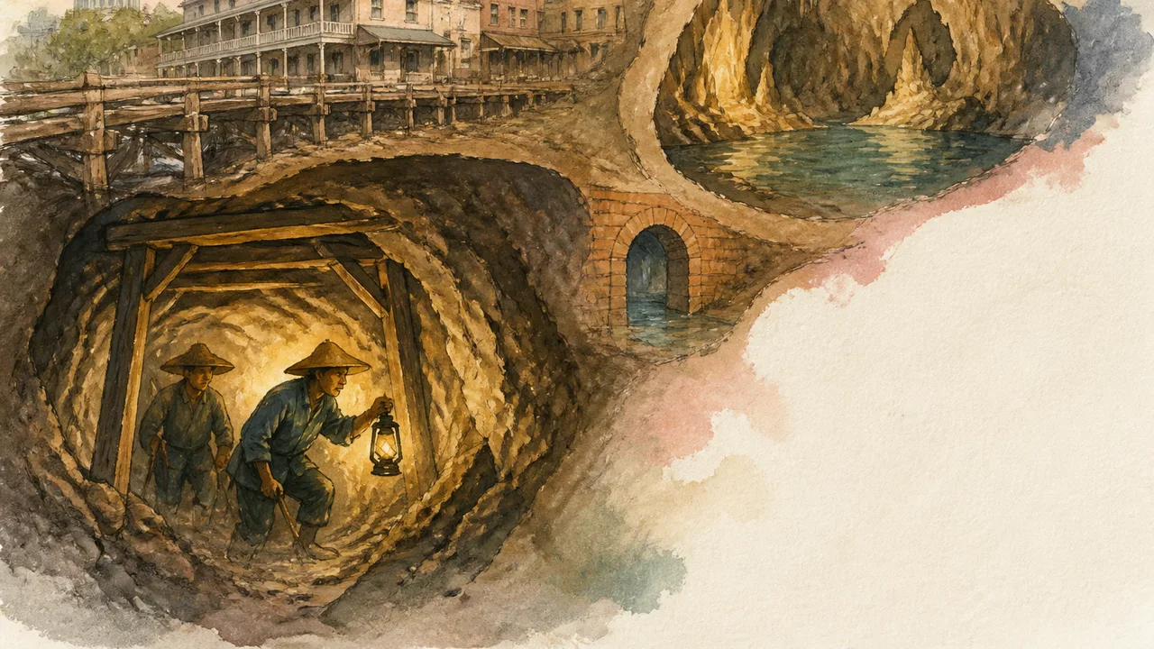 Abandoned ghost town buildings nestled inside a massive cave with daylight streaming through the entrance and a river…