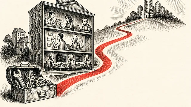 A smiling man in a black jacket points to a whiteboard displaying a 6-step roadmap to a $100M exit, featuring a winding…