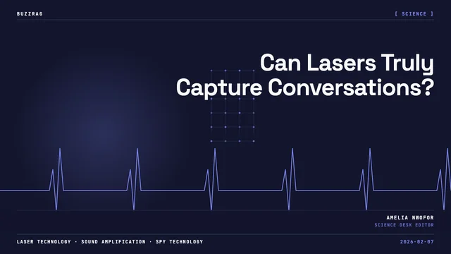 Hand holding a laser microphone device pointed at a building window with a red beam and arrow overlay indicating sound…