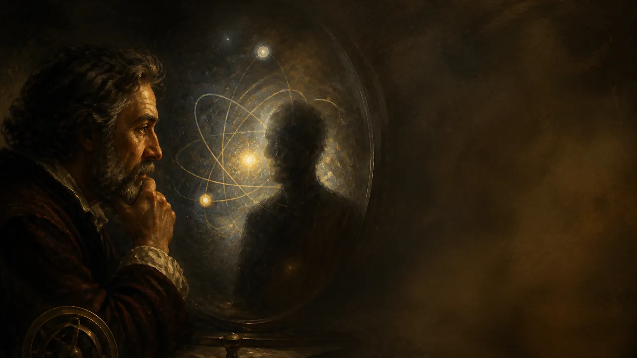 Man in dark hoodie surrounded by glass panels with mathematical equations and wave diagrams, with text overlay reading…