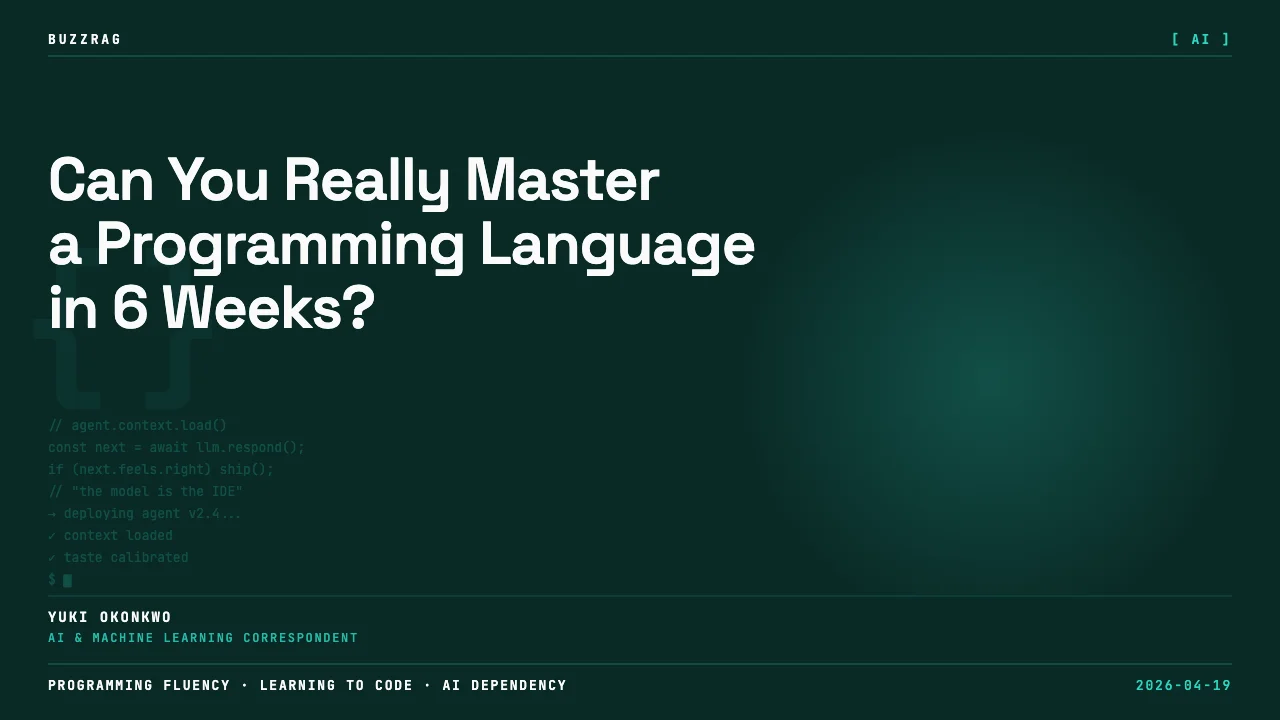 Neon-styled text on dark background reads "Learn ANY PROGRAMMING LANGUAGE FLUENTLY" with blue digital dots and cyan border…