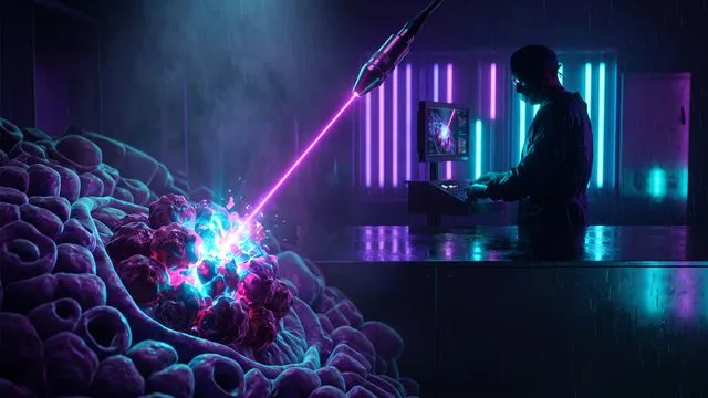 Colorful science podcast thumbnail featuring neon "Science" text, RI logo, mathematical equations, and scientific icons on…