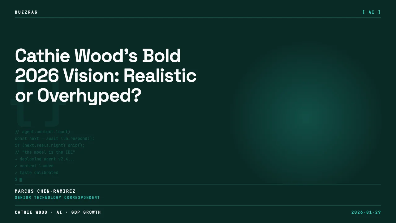 Woman with glasses smiling at camera next to bold text reading "Experts Were Wrong" with Cathie Wood's name below on black…