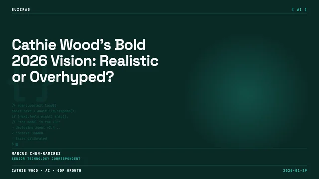 Woman with glasses smiling at camera next to bold text reading "Experts Were Wrong" with Cathie Wood's name below on black…
