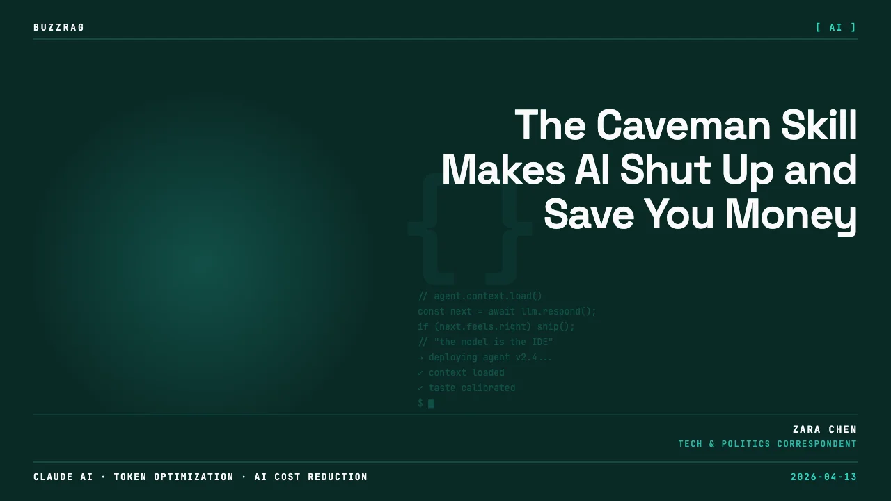 A man in business attire smiles beside large text reading "CAVEMAN" with a subtitle about token efficiency, featuring…