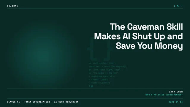 A man in business attire smiles beside large text reading "CAVEMAN" with a subtitle about token efficiency, featuring…