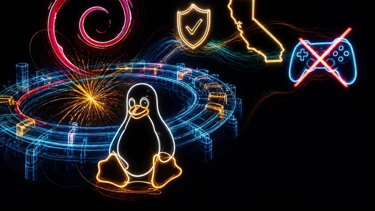 Bearded man beside CERN and Debian logos, California flag, and “AGE VERIFY UPDATE” and “LINUX FROM SCRATCH” banners