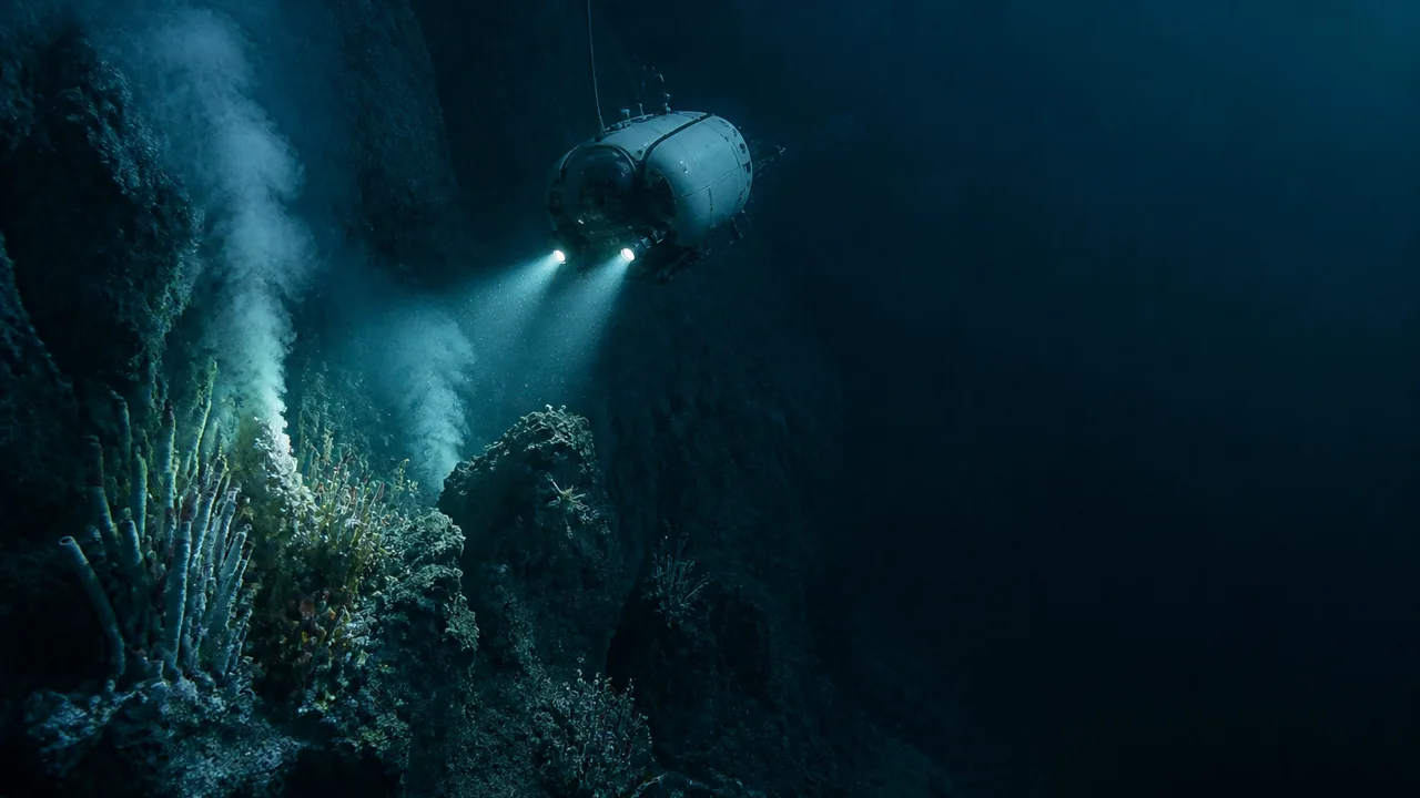 A man points toward a glowing submersible between deep ocean cliffs beside EARTH’S DEEPEST POINT text