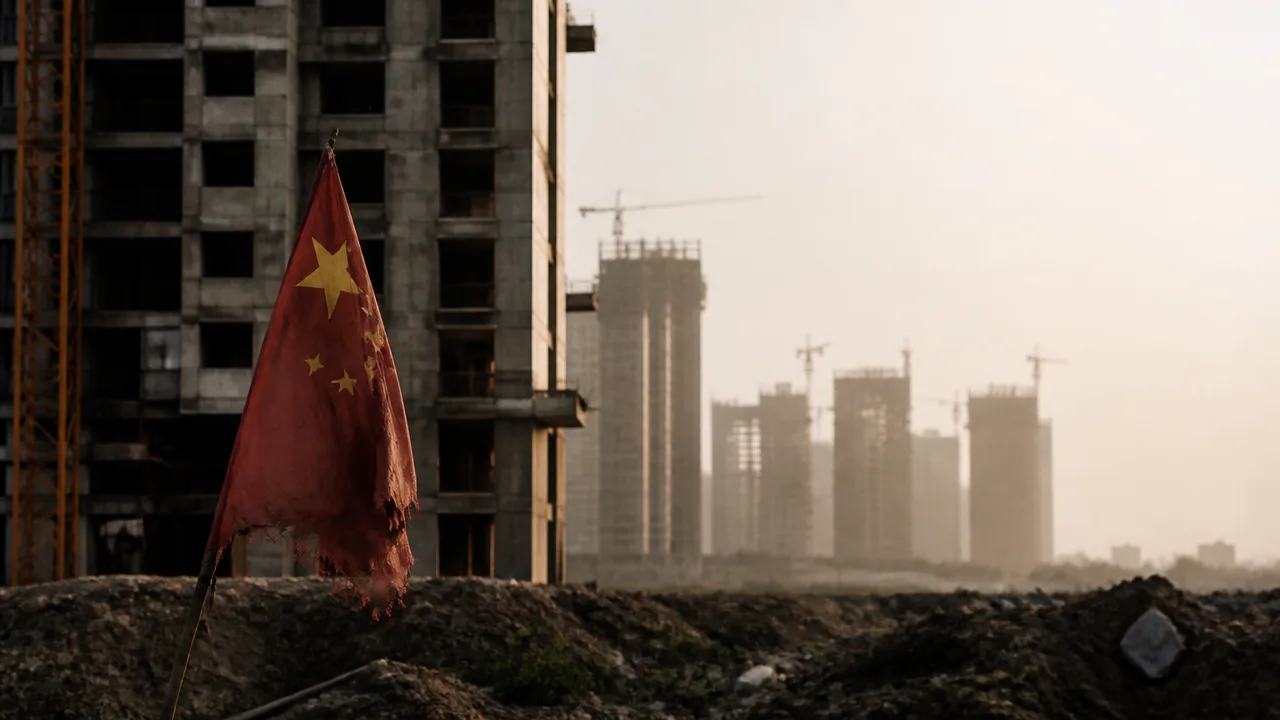 Soviet-style apartment buildings superimposed over a cracked Chinese flag with a man pointing, asking "Remember this?
