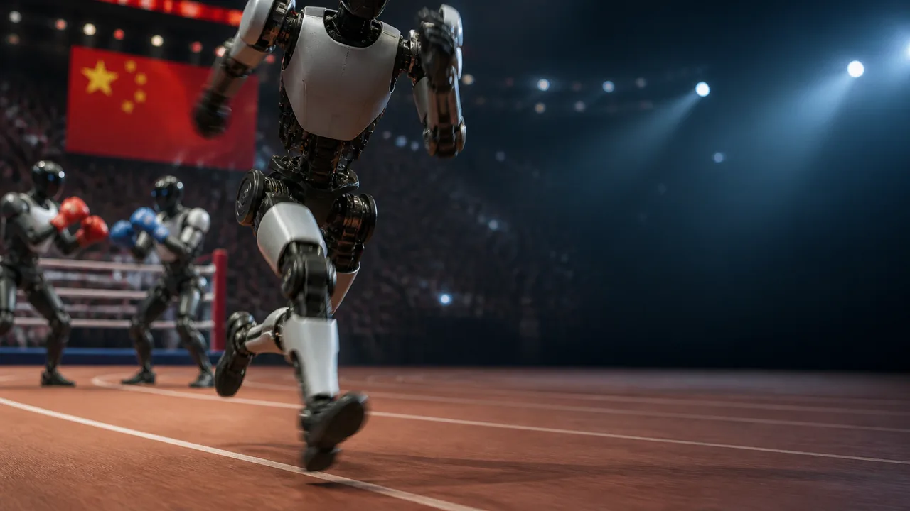 Humanoid robot in blue and red boxing gloves demonstrating a fighting stance in a competition arena with spectators in…
