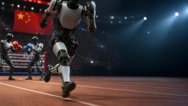 Humanoid robot in blue and red boxing gloves demonstrating a fighting stance in a competition arena with spectators in…