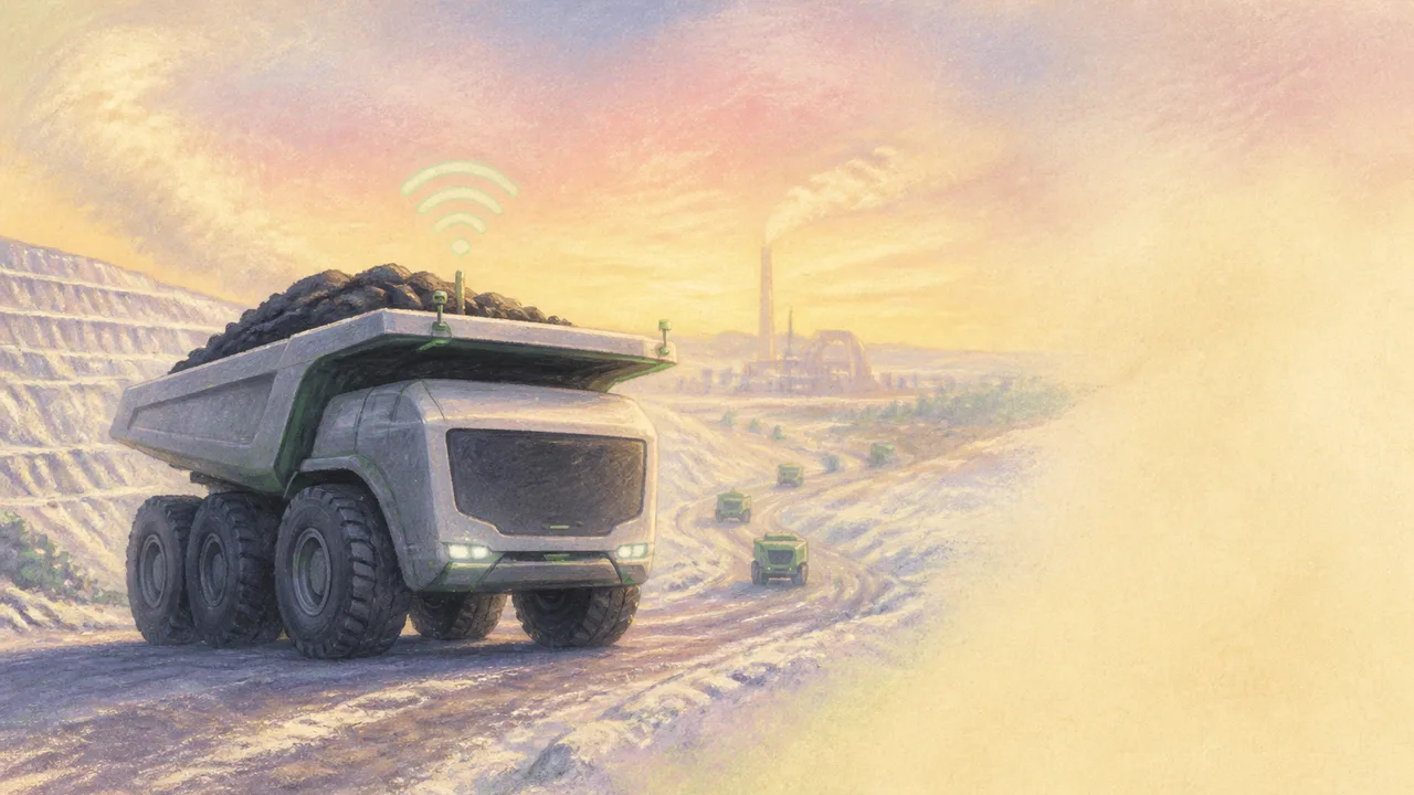 A bright green autonomous dump truck empties its bed at a sprawling mining operation with mountains visible in the distance.