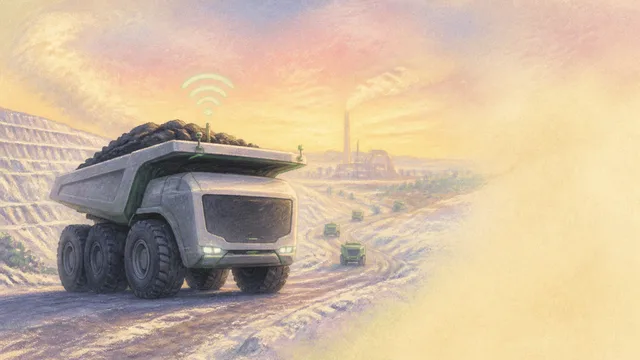 A bright green autonomous dump truck empties its bed at a sprawling mining operation with mountains visible in the distance.