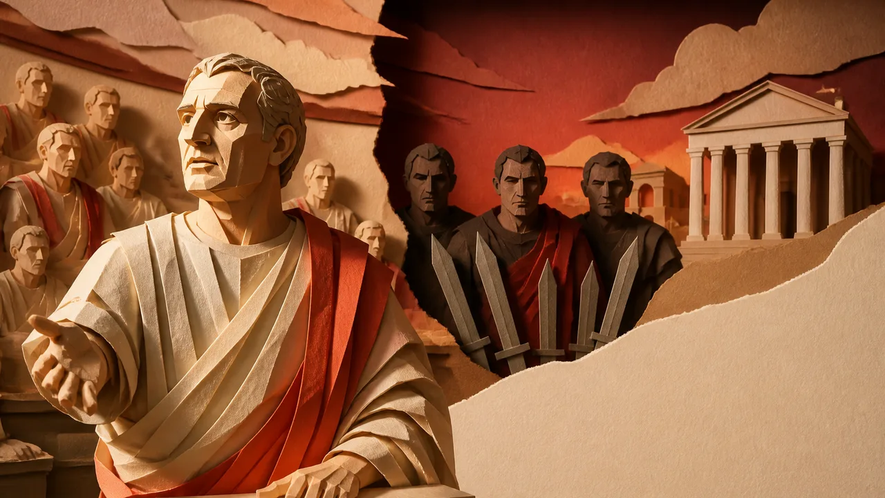 An elderly man's weathered face appears alongside a Roman Senate chamber scene with toga-clad figures, with "ROME'S LAST…