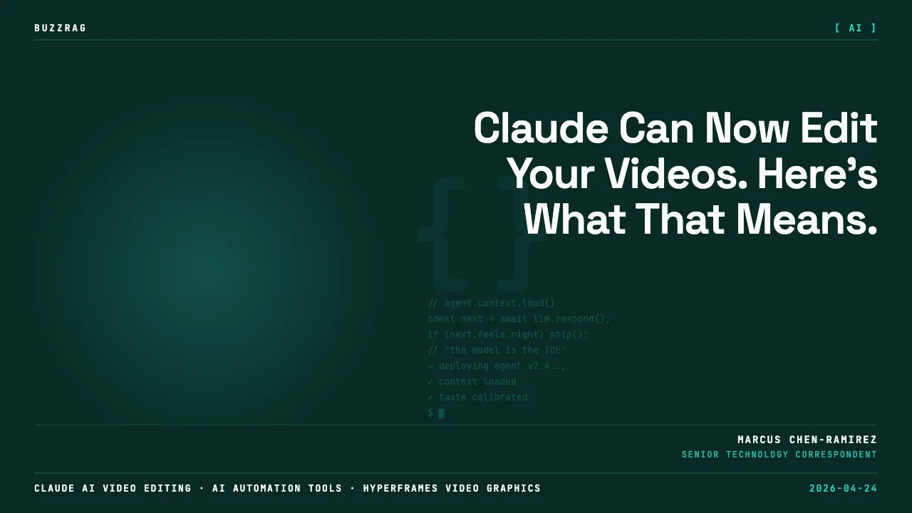 Young man smiling at camera pointing to video editing software interface with app icons for Claude and HyperFrames…