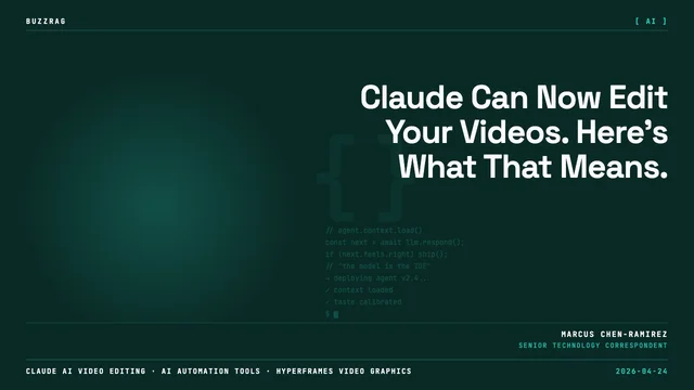 Young man smiling at camera pointing to video editing software interface with app icons for Claude and HyperFrames…