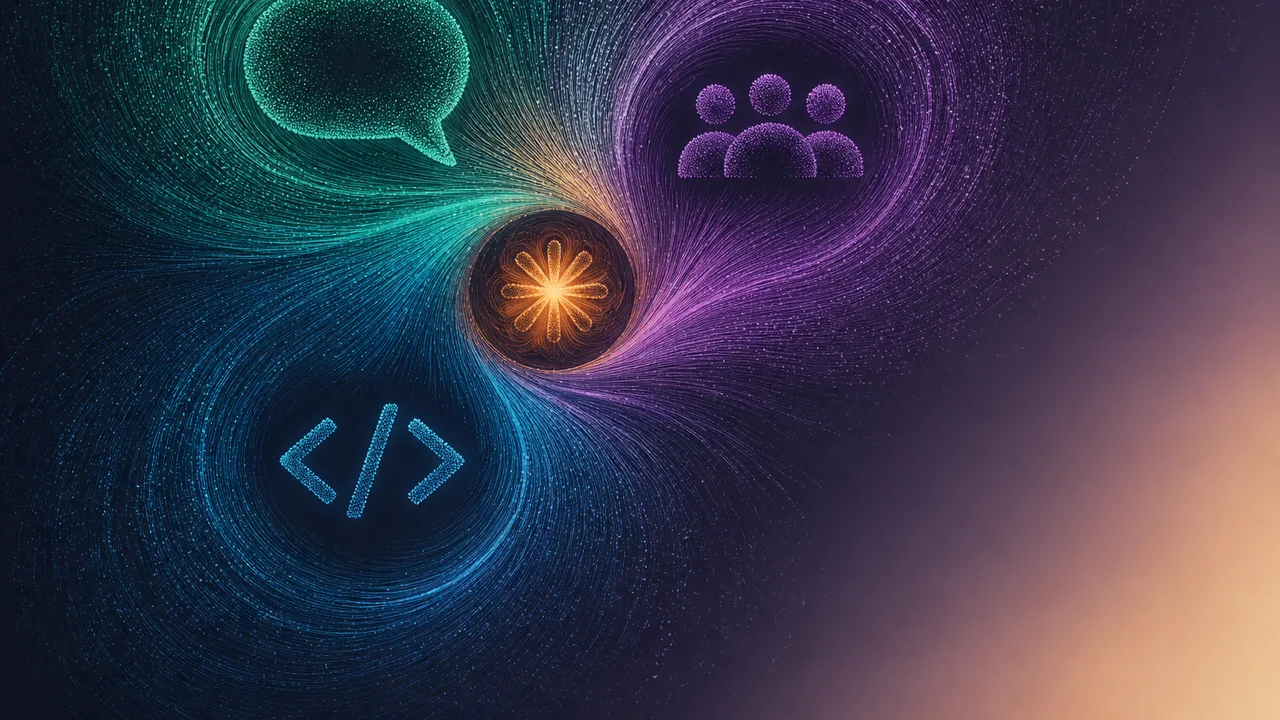 Bearded man comparing three AI tools with neon icons: chat bubble, people group, and code brackets, with "Know The…