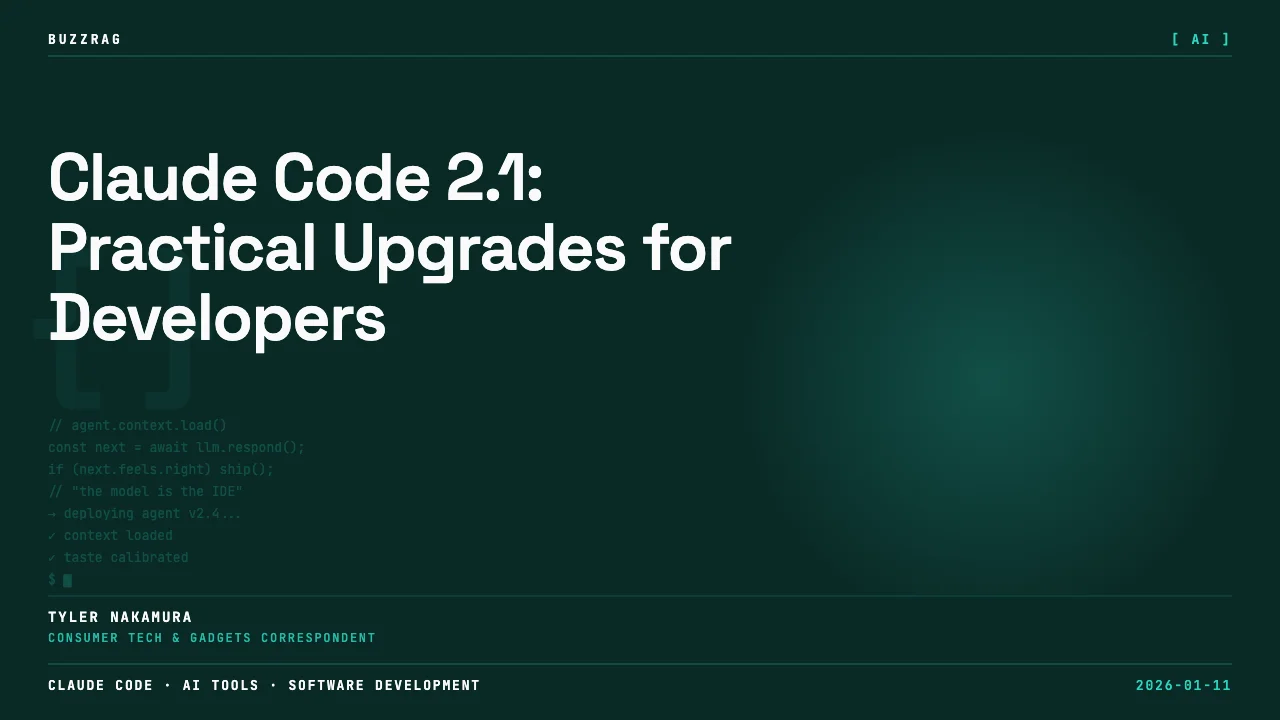 Claude Code 2.1 announcement with "GREAT UPDATES" badge overlaid on code editor showing new features including Teleport,…