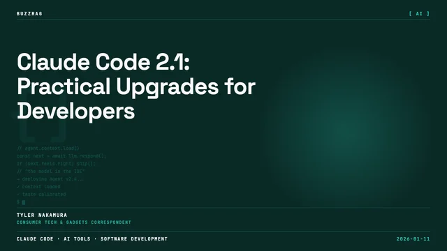 Claude Code 2.1 announcement with "GREAT UPDATES" badge overlaid on code editor showing new features including Teleport,…