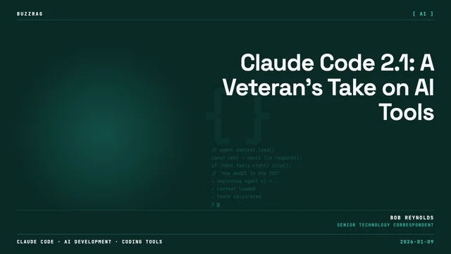 Bold orange text "CLAUDE CODE V2.1" overlays a dark tech-themed background with a pixel art robot icon and terminal window…
