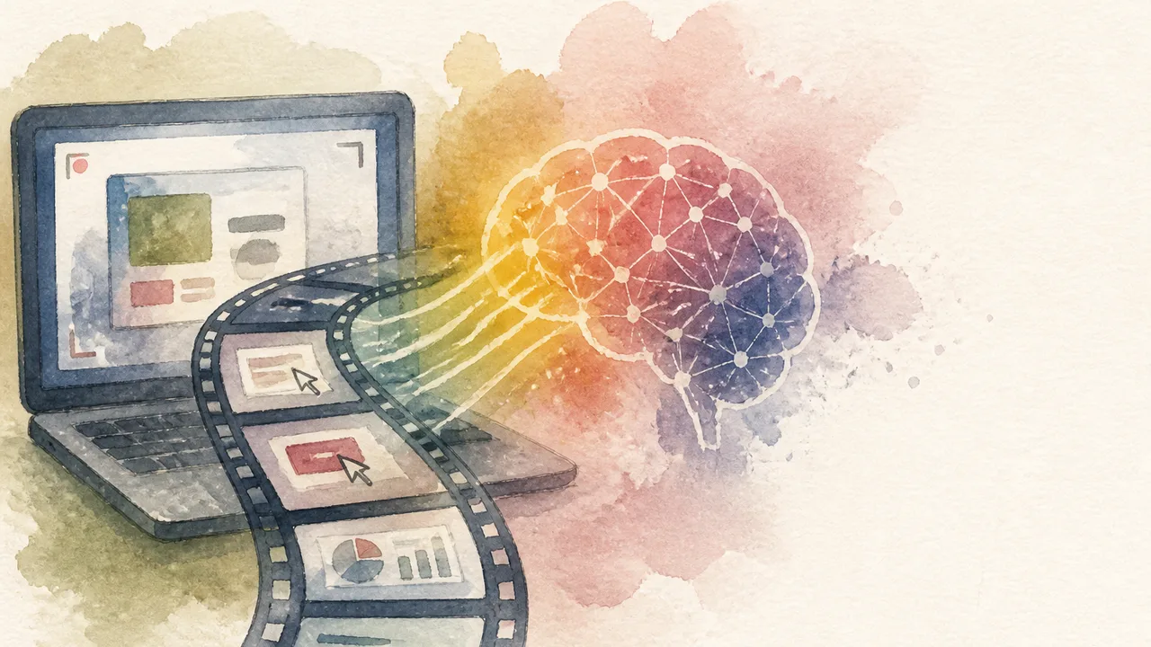 A conveyor belt with video platform icons feeds into an eye symbol split between orange and blue halves, illustrating AI…