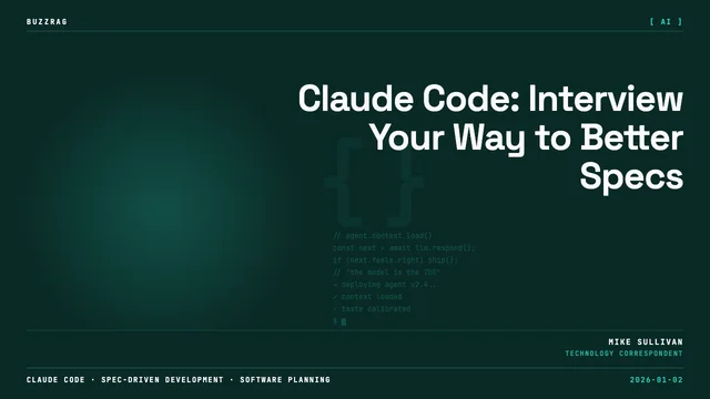Retro pixelated brick-style text reading "CLAUDE CODE IN INTERVIEW MODE" on black background with colorful gradient border