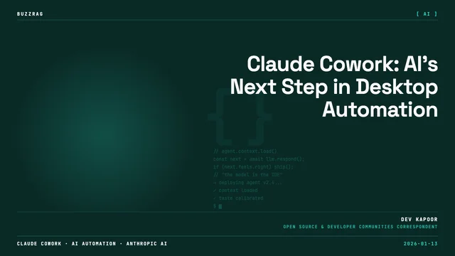 Bold orange and white text reading "CLAUDE COWORK" with a lightning bolt logo, displayed alongside a laptop showing a…