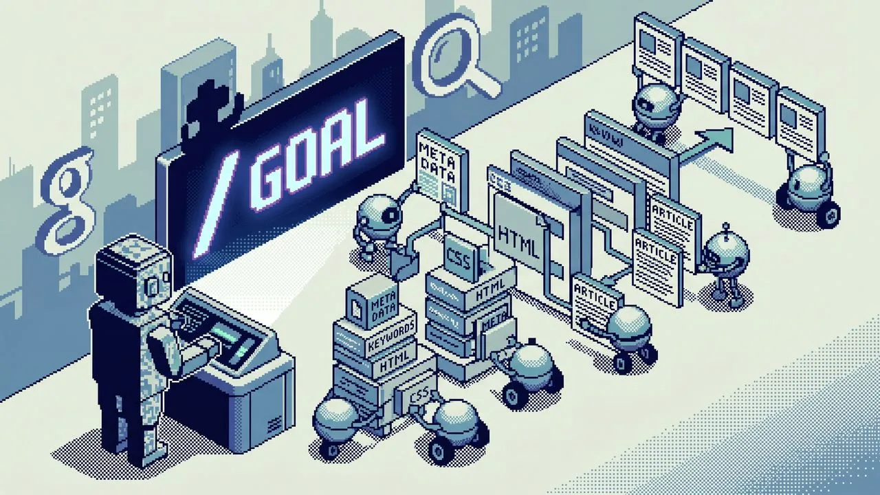 Terminal window showing "/goal" command with arrow pointing to Claude Code agent view displaying three working AI agents…