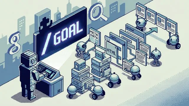 Terminal window showing "/goal" command with arrow pointing to Claude Code agent view displaying three working AI agents…