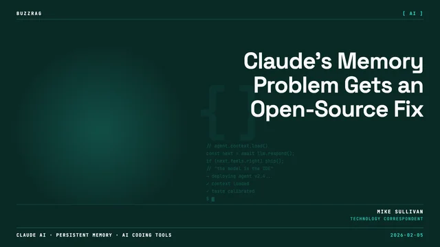 Bold orange and white "CLAUDE MEMORY" text overlays a dark tech background with code snippets, a pixel art character, and a…