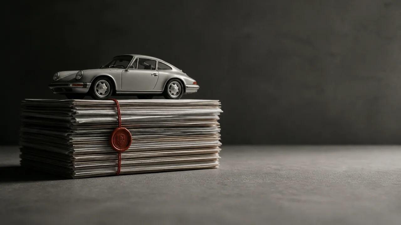 A collector in a luxury auction house holds a level-27 badge while a classic Porsche is displayed alongside tiered price…